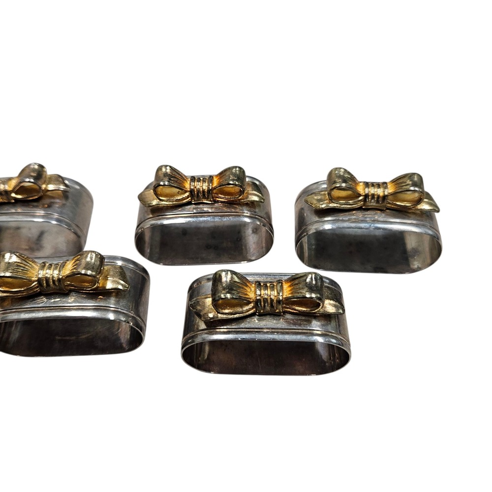 Set‎ of 7 Vintage Silver Napkin Rings Gold Bows Elegant Table Simple Victorian